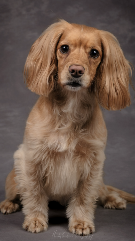 A professional studio photo of Ella, a golden cocker spaniel. She is sitting against a brown background and looking at the camera.