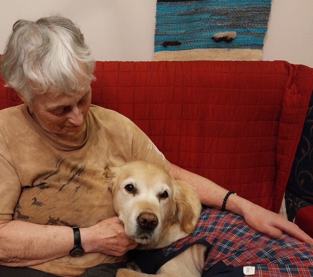 An image of Lily, a Labrador golden retriever, sitting with her owner Alix on a red sofa. Lily is wearing a red tartan dog coat and Alix has short white hair and is wearing a tan-coloured t-shirt. Alix is looking down at Lily and smiling 